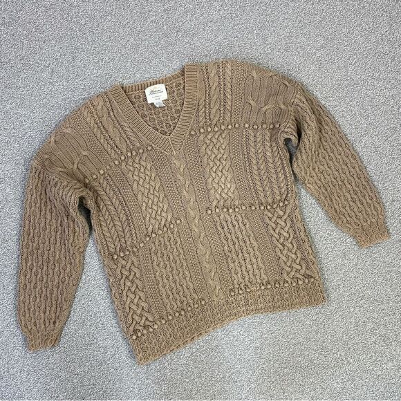 Express 90s Vintage Hand Knit Oversized Chunky Sweater Tan Taupe Medium V Neck - Picture 11 of 11